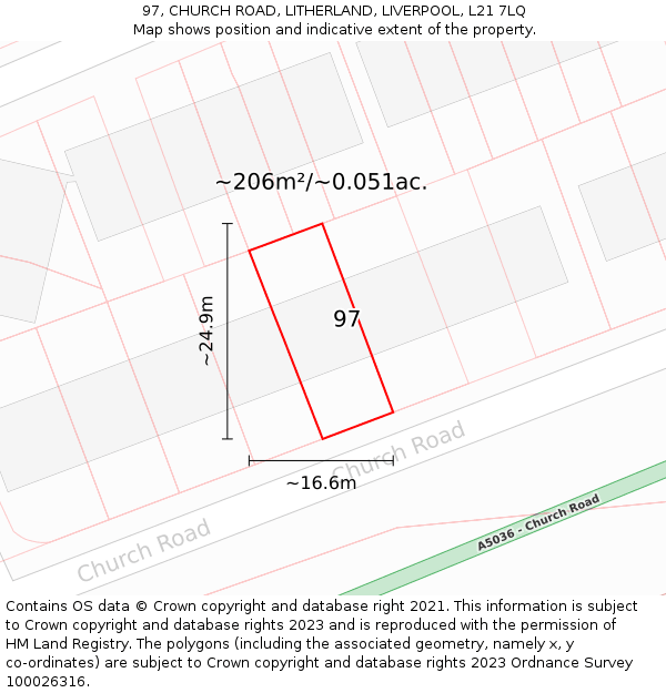 97, CHURCH ROAD, LITHERLAND, LIVERPOOL, L21 7LQ: Plot and title map