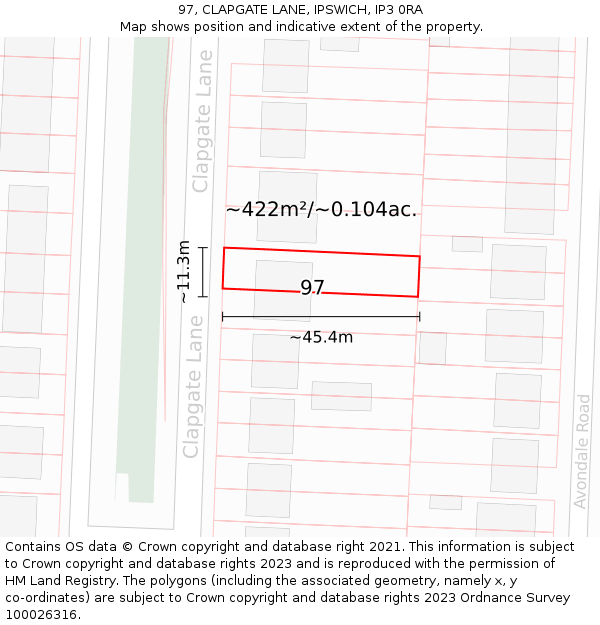 97, CLAPGATE LANE, IPSWICH, IP3 0RA: Plot and title map