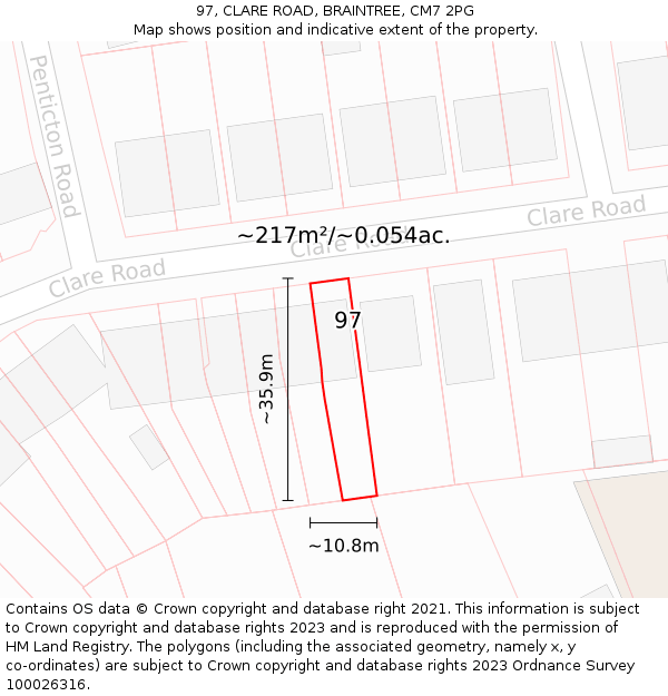 97, CLARE ROAD, BRAINTREE, CM7 2PG: Plot and title map