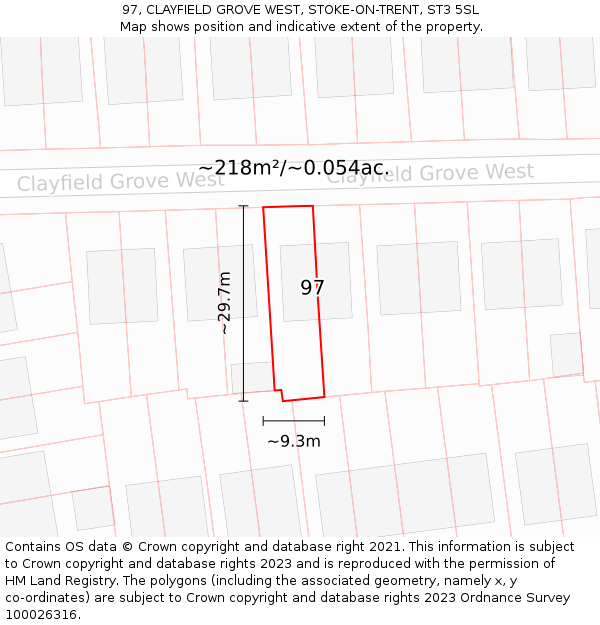97, CLAYFIELD GROVE WEST, STOKE-ON-TRENT, ST3 5SL: Plot and title map