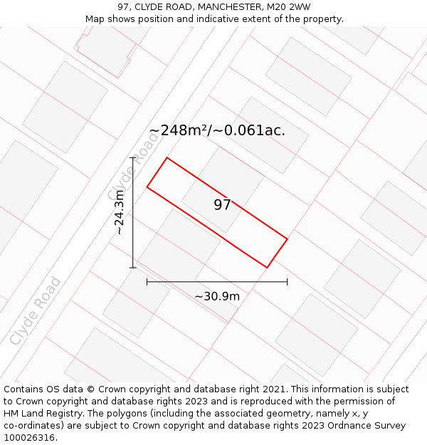 97, CLYDE ROAD, MANCHESTER, M20 2WW: Plot and title map