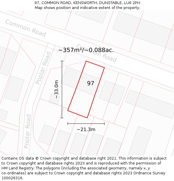 97, COMMON ROAD, KENSWORTH, DUNSTABLE, LU6 2PH: Plot and title map