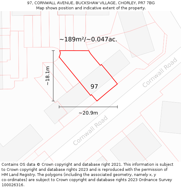 97, CORNWALL AVENUE, BUCKSHAW VILLAGE, CHORLEY, PR7 7BG: Plot and title map