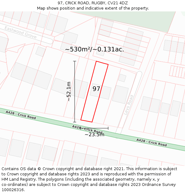97, CRICK ROAD, RUGBY, CV21 4DZ: Plot and title map