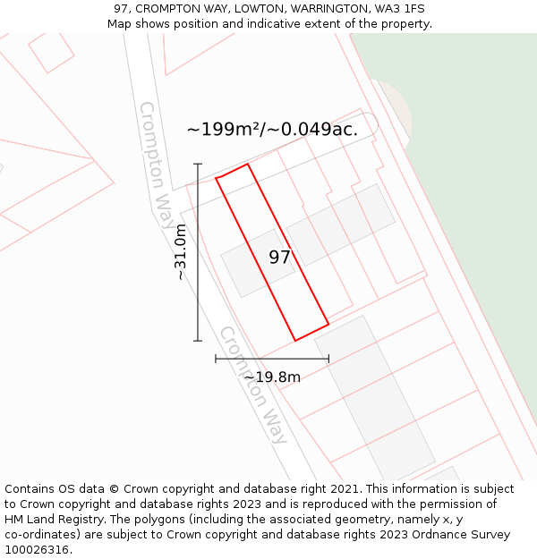 97, CROMPTON WAY, LOWTON, WARRINGTON, WA3 1FS: Plot and title map