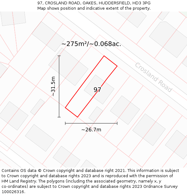 97, CROSLAND ROAD, OAKES, HUDDERSFIELD, HD3 3PG: Plot and title map