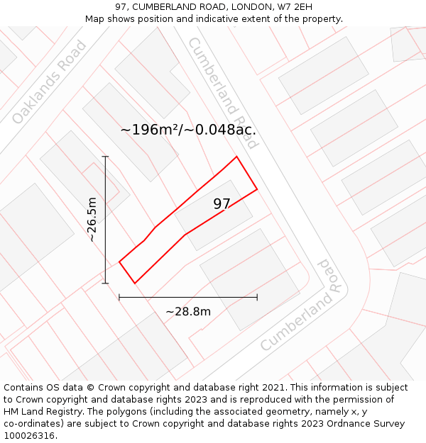 97, CUMBERLAND ROAD, LONDON, W7 2EH: Plot and title map