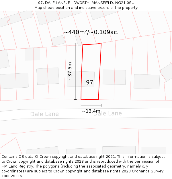 97, DALE LANE, BLIDWORTH, MANSFIELD, NG21 0SU: Plot and title map
