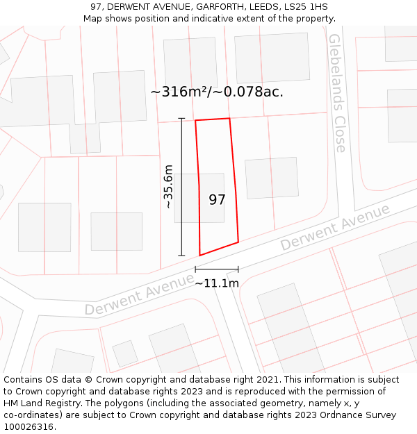 97, DERWENT AVENUE, GARFORTH, LEEDS, LS25 1HS: Plot and title map