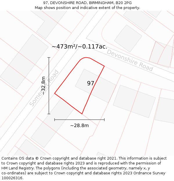 97, DEVONSHIRE ROAD, BIRMINGHAM, B20 2PG: Plot and title map