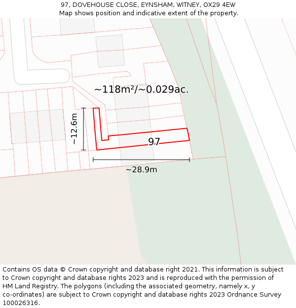 97, DOVEHOUSE CLOSE, EYNSHAM, WITNEY, OX29 4EW: Plot and title map