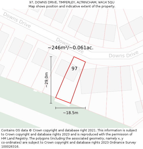 97, DOWNS DRIVE, TIMPERLEY, ALTRINCHAM, WA14 5QU: Plot and title map