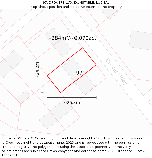 97, DROVERS WAY, DUNSTABLE, LU6 1AL: Plot and title map