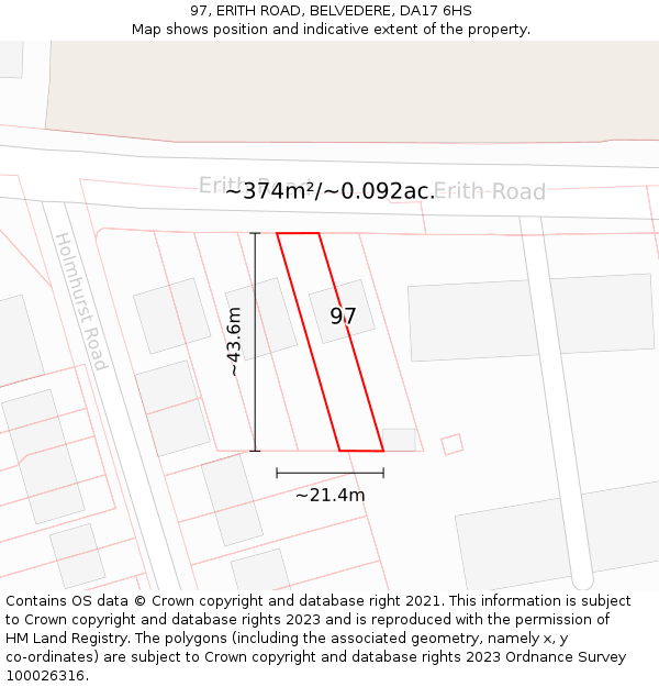 97, ERITH ROAD, BELVEDERE, DA17 6HS: Plot and title map