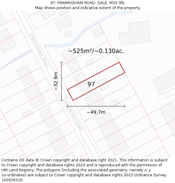 97, FRAMINGHAM ROAD, SALE, M33 3RL: Plot and title map