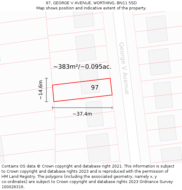 97, GEORGE V AVENUE, WORTHING, BN11 5SD: Plot and title map