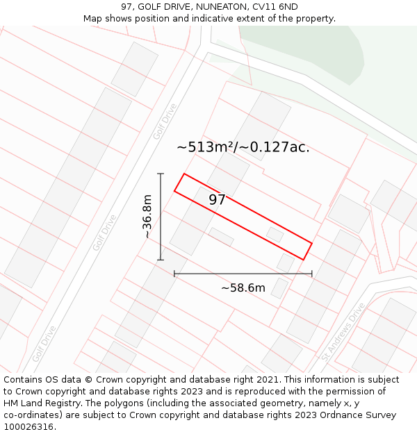 97, GOLF DRIVE, NUNEATON, CV11 6ND: Plot and title map