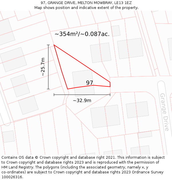 97, GRANGE DRIVE, MELTON MOWBRAY, LE13 1EZ: Plot and title map