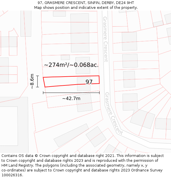 97, GRASMERE CRESCENT, SINFIN, DERBY, DE24 9HT: Plot and title map