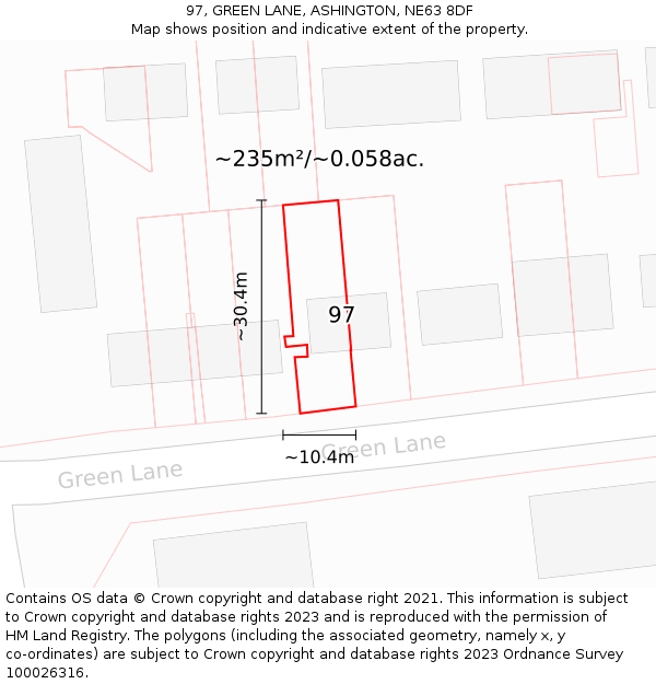 97, GREEN LANE, ASHINGTON, NE63 8DF: Plot and title map