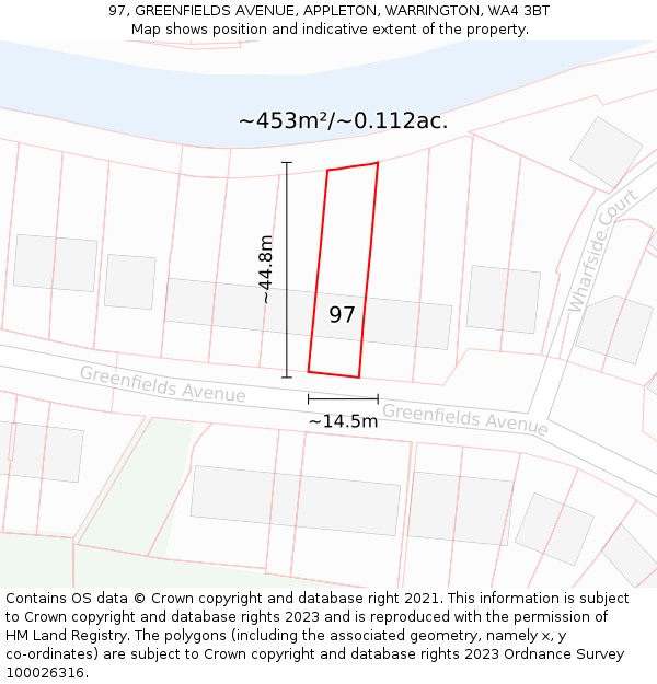 97, GREENFIELDS AVENUE, APPLETON, WARRINGTON, WA4 3BT: Plot and title map
