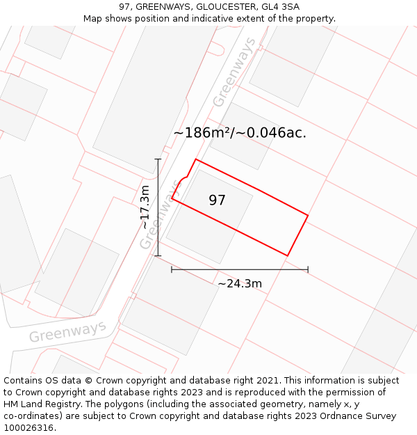 97, GREENWAYS, GLOUCESTER, GL4 3SA: Plot and title map