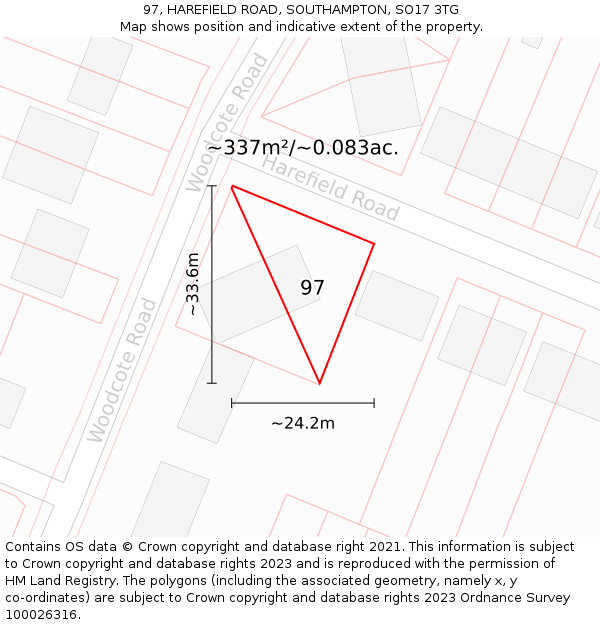 97, HAREFIELD ROAD, SOUTHAMPTON, SO17 3TG: Plot and title map