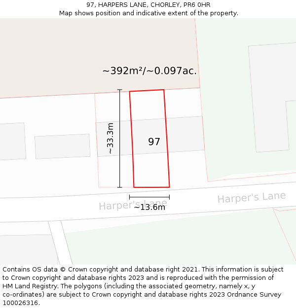 97, HARPERS LANE, CHORLEY, PR6 0HR: Plot and title map