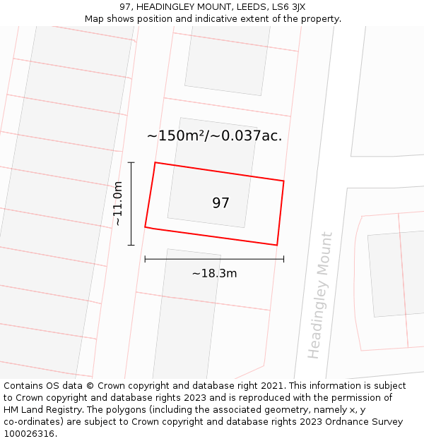 97, HEADINGLEY MOUNT, LEEDS, LS6 3JX: Plot and title map