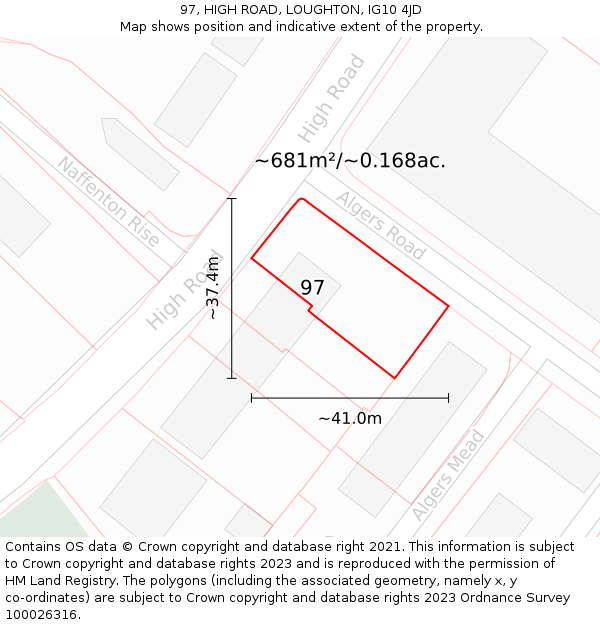 97, HIGH ROAD, LOUGHTON, IG10 4JD: Plot and title map