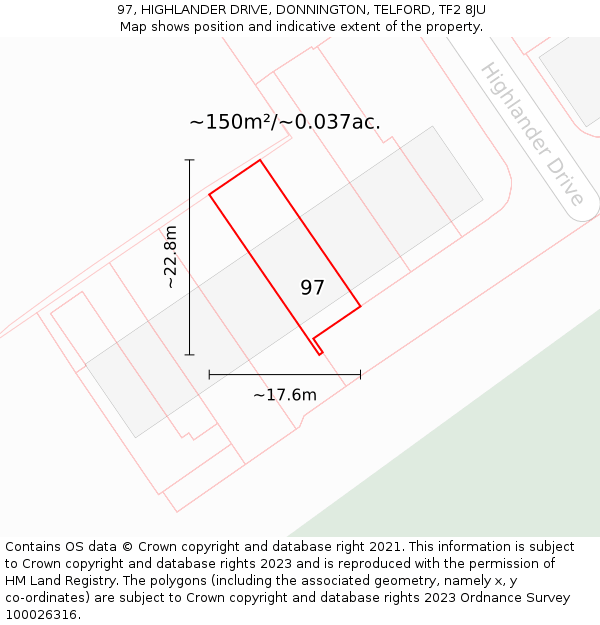 97, HIGHLANDER DRIVE, DONNINGTON, TELFORD, TF2 8JU: Plot and title map