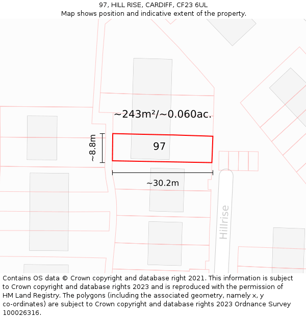 97, HILL RISE, CARDIFF, CF23 6UL: Plot and title map