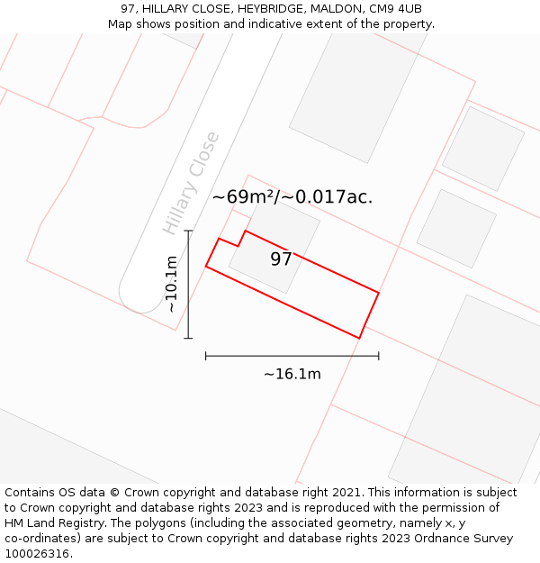 97, HILLARY CLOSE, HEYBRIDGE, MALDON, CM9 4UB: Plot and title map