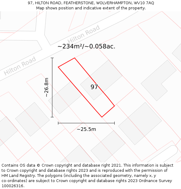 97, HILTON ROAD, FEATHERSTONE, WOLVERHAMPTON, WV10 7AQ: Plot and title map