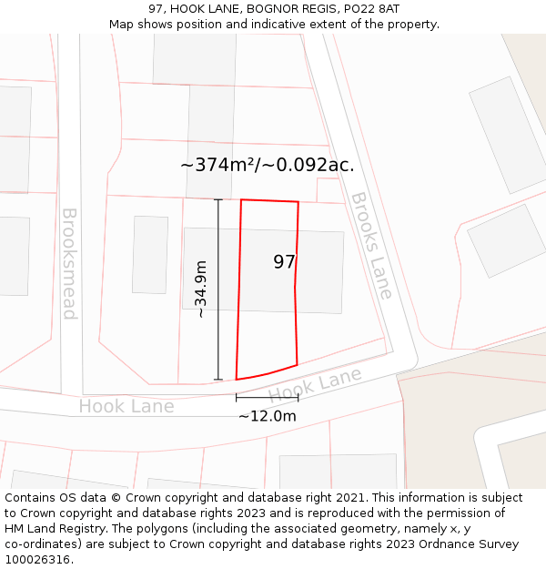 97, HOOK LANE, BOGNOR REGIS, PO22 8AT: Plot and title map