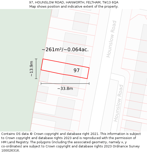 97, HOUNSLOW ROAD, HANWORTH, FELTHAM, TW13 6QA: Plot and title map