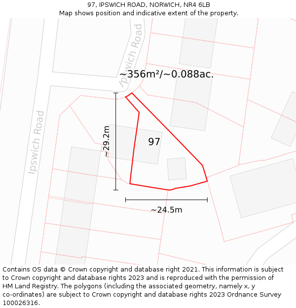97, IPSWICH ROAD, NORWICH, NR4 6LB: Plot and title map