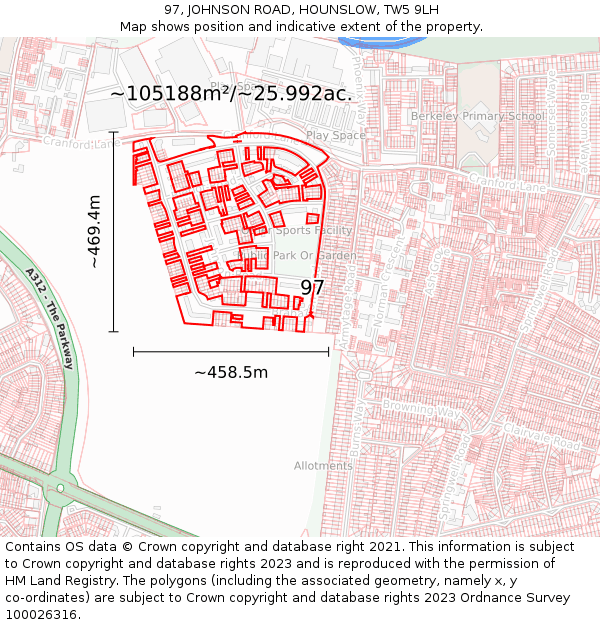 97, JOHNSON ROAD, HOUNSLOW, TW5 9LH: Plot and title map