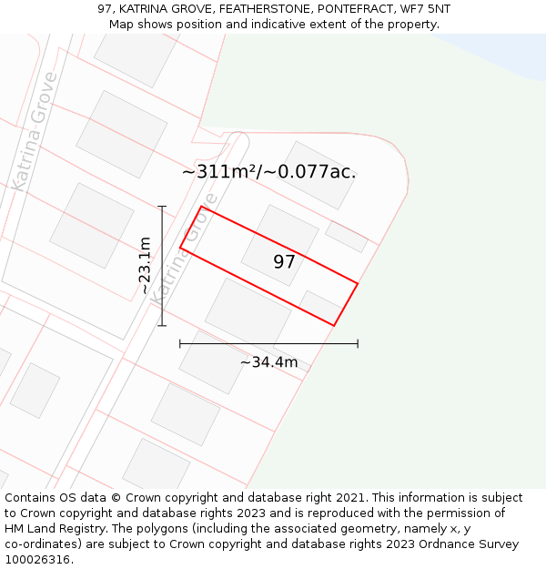 97, KATRINA GROVE, FEATHERSTONE, PONTEFRACT, WF7 5NT: Plot and title map