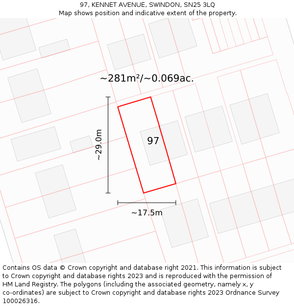97, KENNET AVENUE, SWINDON, SN25 3LQ: Plot and title map