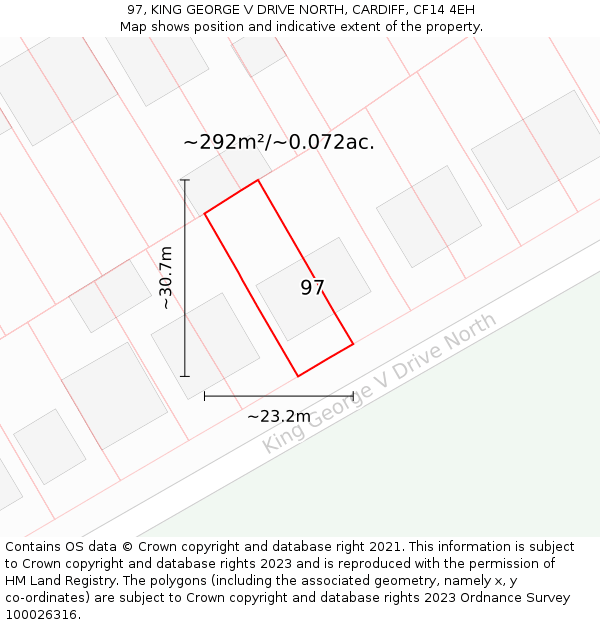 97, KING GEORGE V DRIVE NORTH, CARDIFF, CF14 4EH: Plot and title map