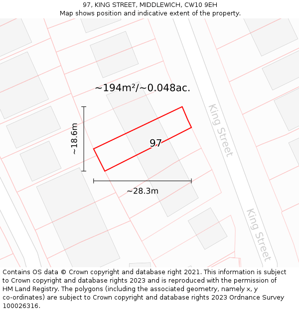 97, KING STREET, MIDDLEWICH, CW10 9EH: Plot and title map