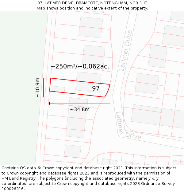 97, LATIMER DRIVE, BRAMCOTE, NOTTINGHAM, NG9 3HT: Plot and title map