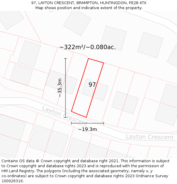97, LAYTON CRESCENT, BRAMPTON, HUNTINGDON, PE28 4TX: Plot and title map