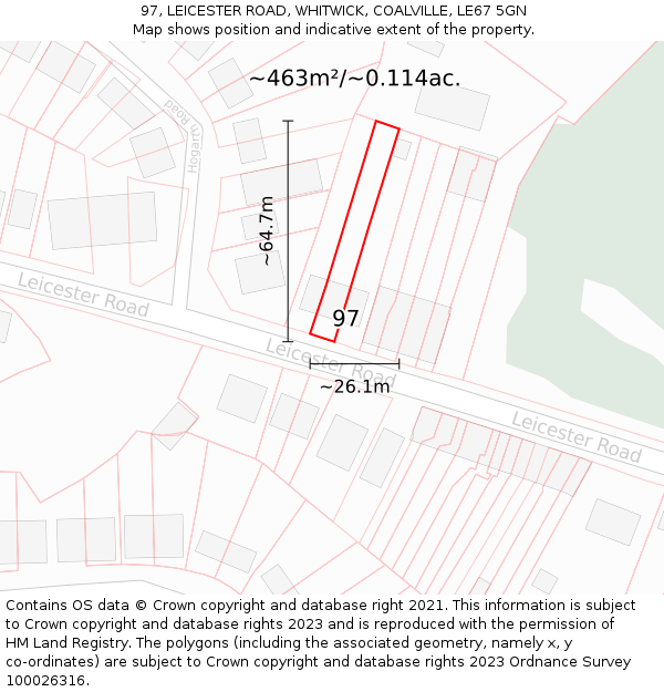 97, LEICESTER ROAD, WHITWICK, COALVILLE, LE67 5GN: Plot and title map