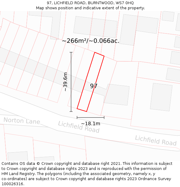 97, LICHFIELD ROAD, BURNTWOOD, WS7 0HQ: Plot and title map