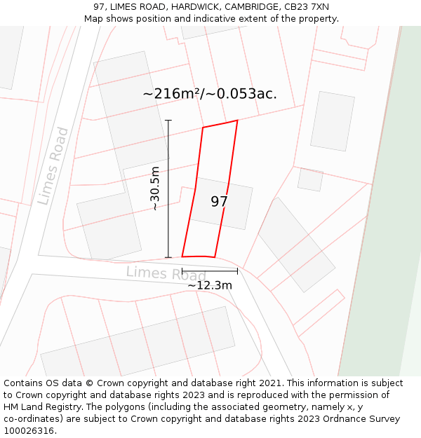 97, LIMES ROAD, HARDWICK, CAMBRIDGE, CB23 7XN: Plot and title map