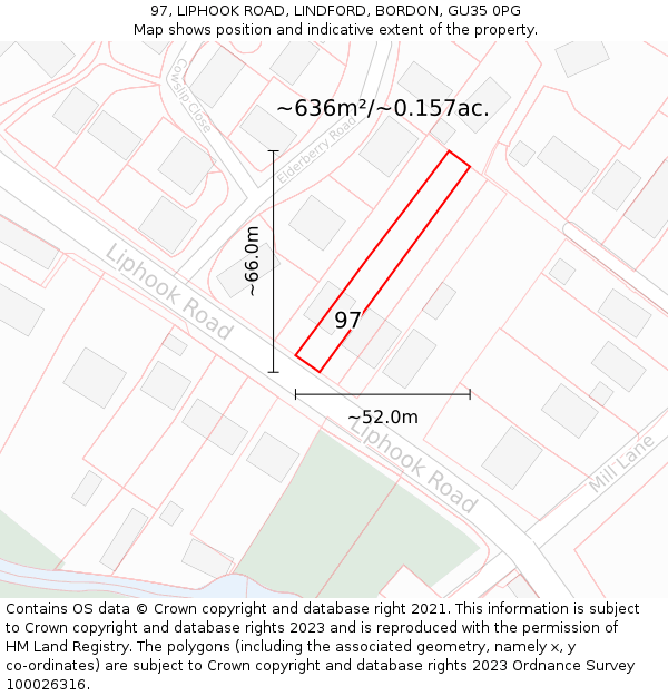 97, LIPHOOK ROAD, LINDFORD, BORDON, GU35 0PG: Plot and title map