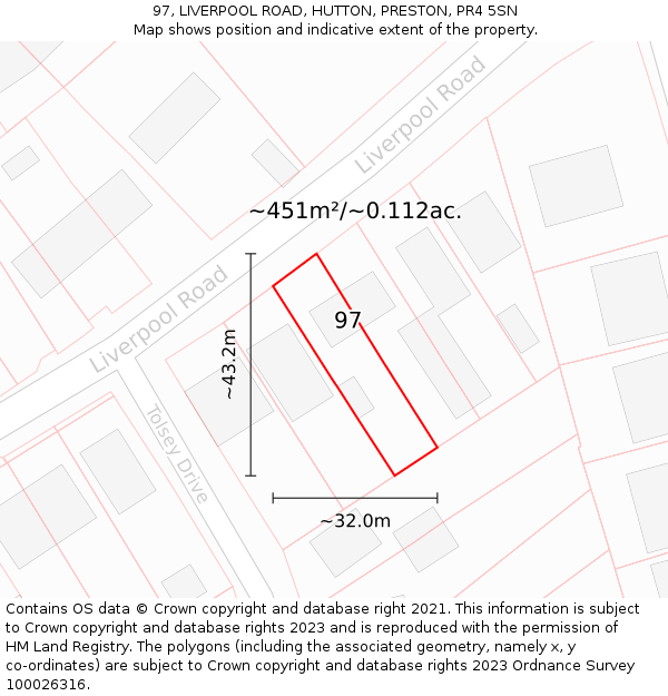 97, LIVERPOOL ROAD, HUTTON, PRESTON, PR4 5SN: Plot and title map