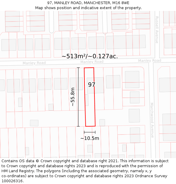 97, MANLEY ROAD, MANCHESTER, M16 8WE: Plot and title map